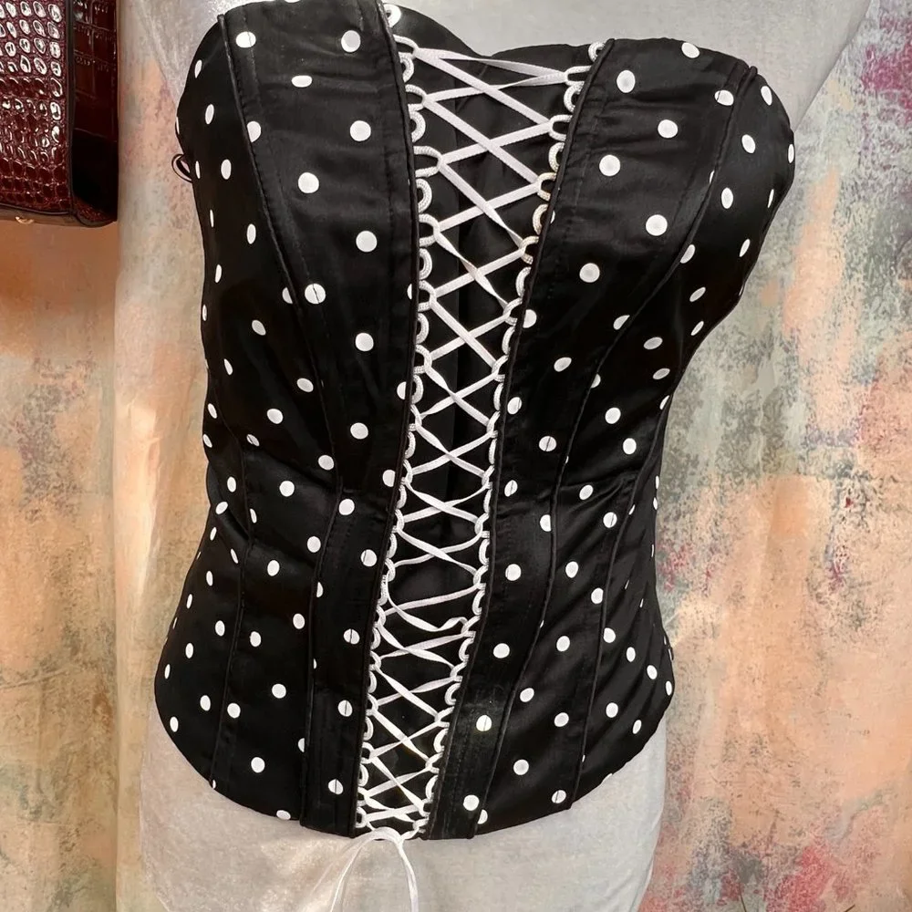 πSixthsense Sexy Corsage Top Black with White Polka Dots & Zipper on the Side - Picture 3 of 15